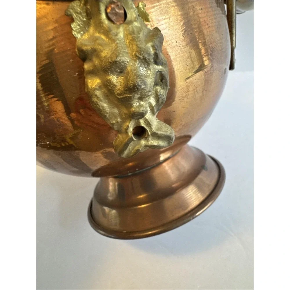 Copper Brass Coal Scuttle/Ash Bucket w/Porcelain Cherub Face 8